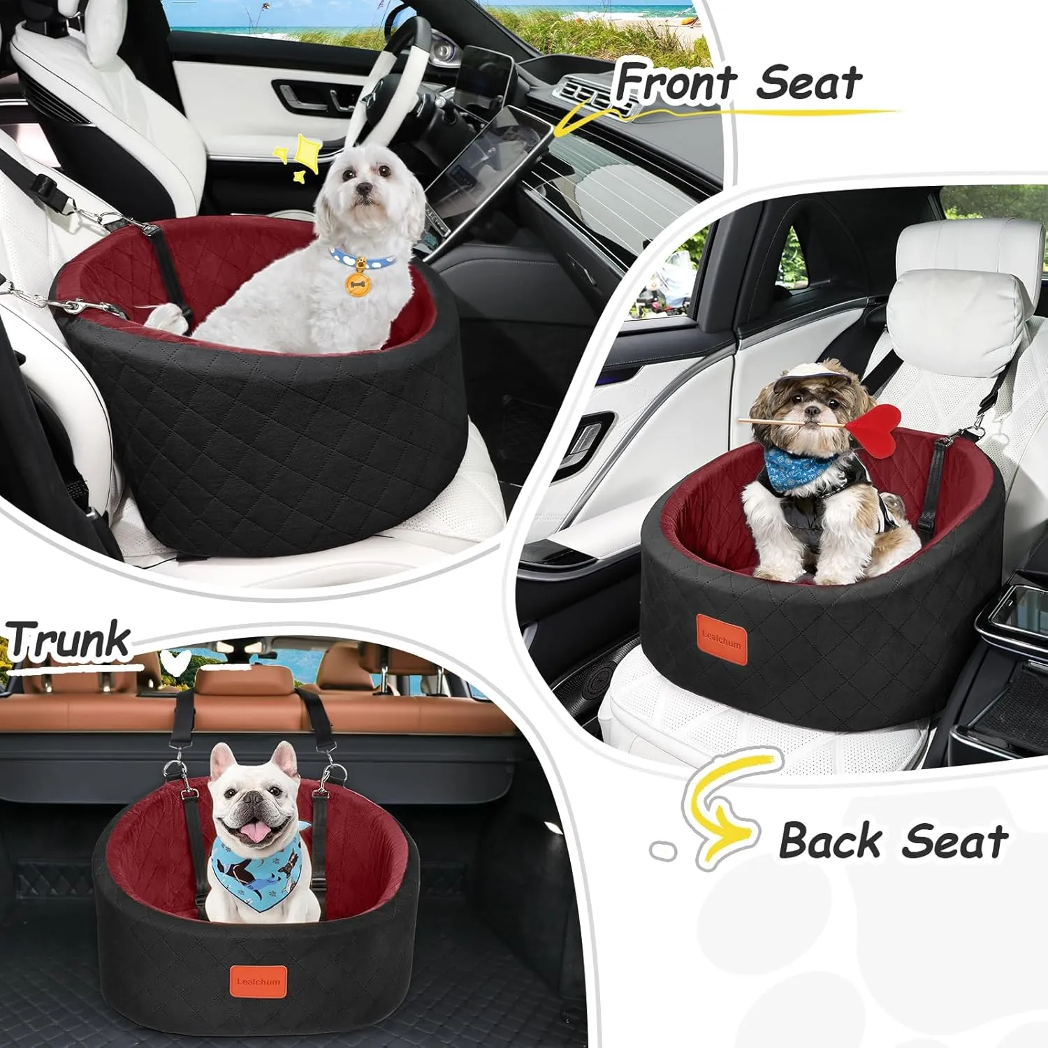 Dog Car Seat for Small Dogs,Comfy Pet Travel Car Bed with 2 Clip-On Leashes,Fully Removable & Washable,Non-Slip Base with Seatbelt Channle,Easy to Install (Black/Red, Small)