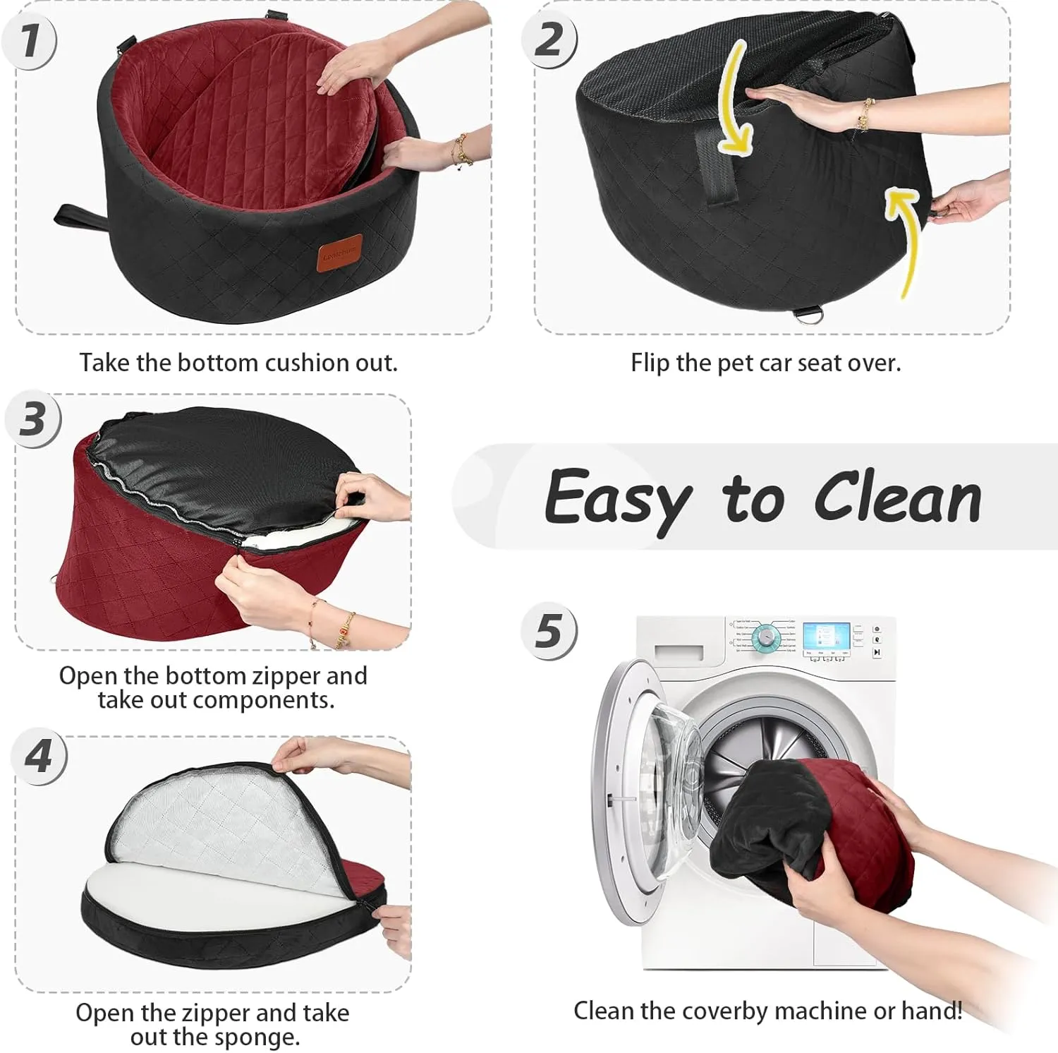 Dog Car Seat for Small Dogs,Comfy Pet Travel Car Bed with 2 Clip-On Leashes,Fully Removable & Washable,Non-Slip Base with Seatbelt Channle,Easy to Install (Black/Red, Small)