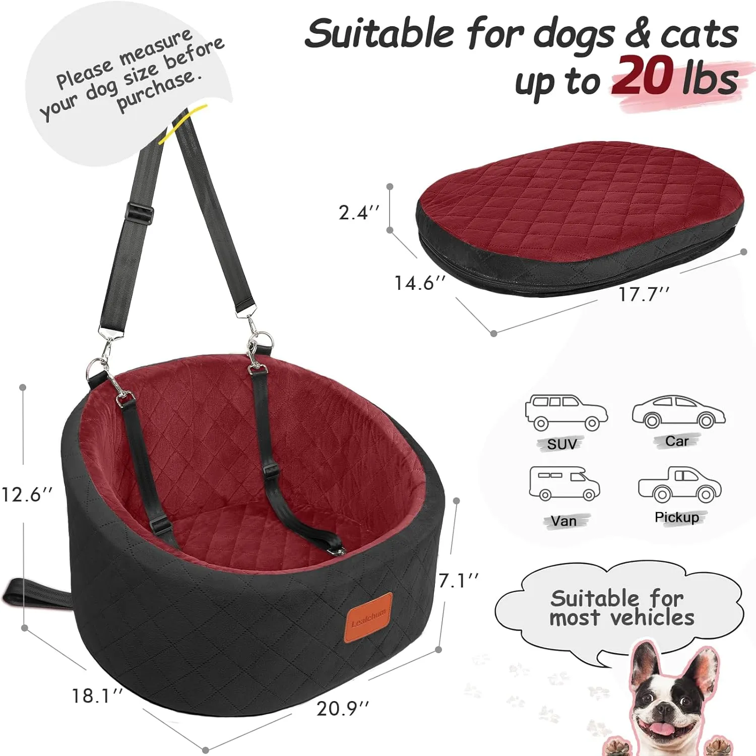 Dog Car Seat for Small Dogs,Comfy Pet Travel Car Bed with 2 Clip-On Leashes,Fully Removable & Washable,Non-Slip Base with Seatbelt Channle,Easy to Install (Black/Red, Small)