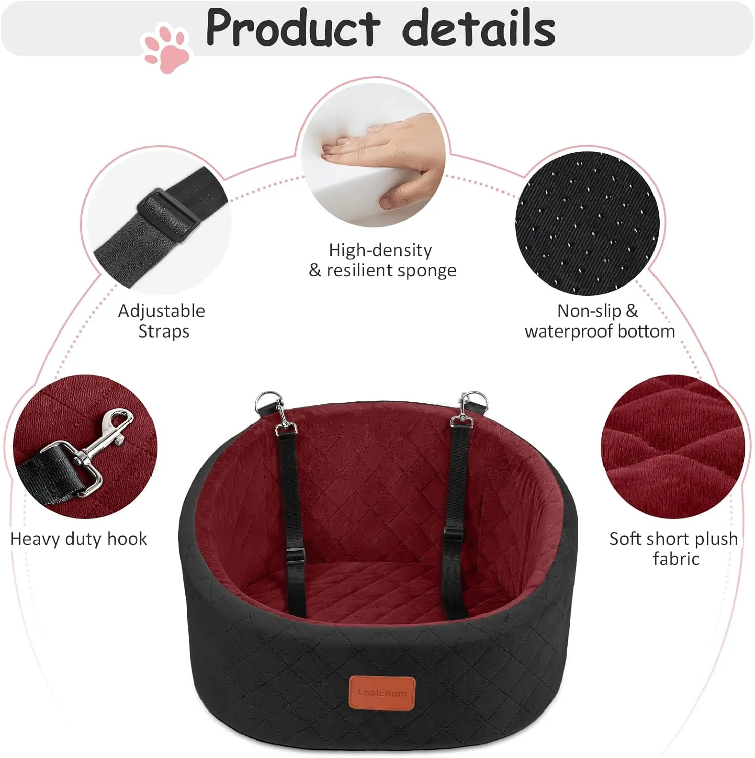 Dog Car Seat for Small Dogs,Comfy Pet Travel Car Bed with 2 Clip-On Leashes,Fully Removable & Washable,Non-Slip Base with Seatbelt Channle,Easy to Install (Black/Red, Small)