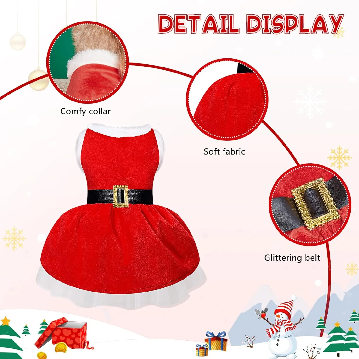 Dog Christmas Dress Santa Costumes: Puppy Girl Dresses Holiday Theme Doggie Xmas Apparel Party Skirts with Belt, Winter Warm Christmas Dog Clothes, Pet Cat Outfit (Red, M)