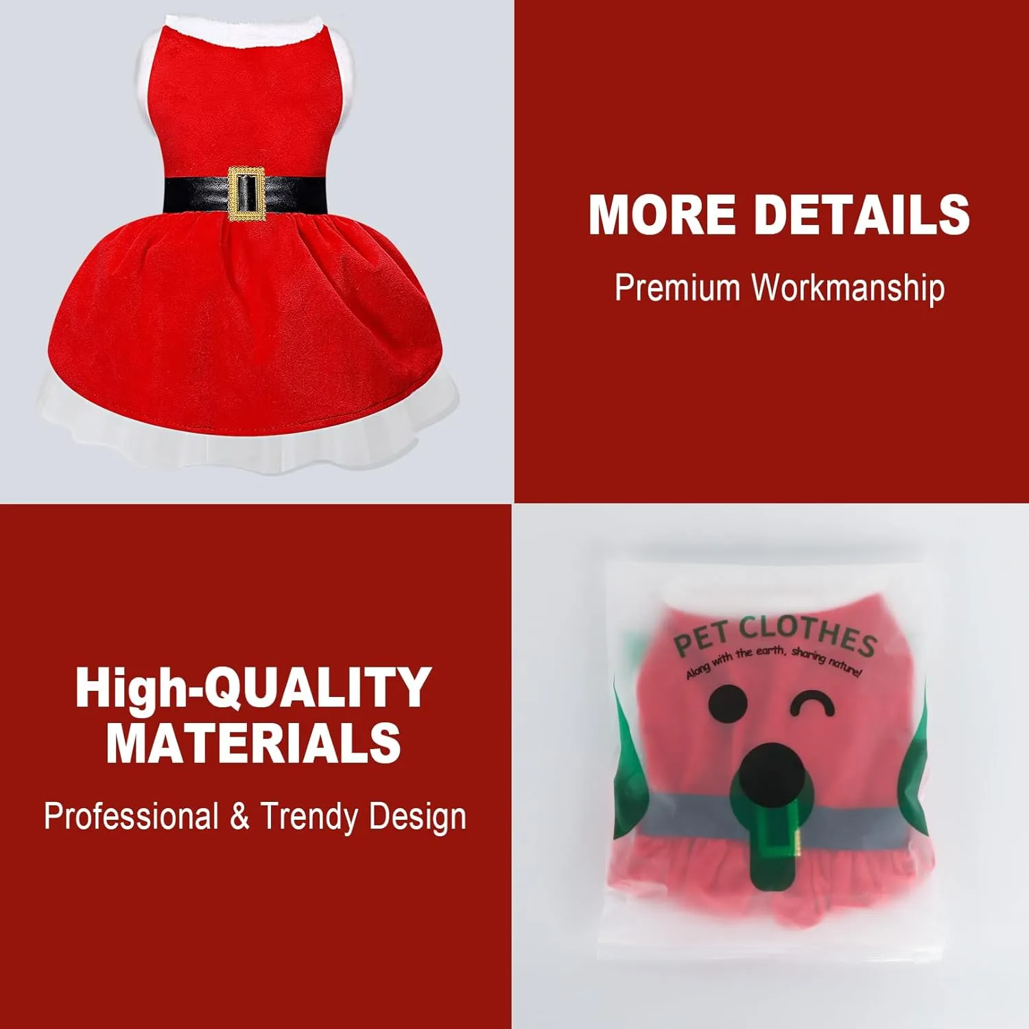 Dog Christmas Dress Santa Costumes: Puppy Girl Dresses Holiday Theme Doggie Xmas Apparel Party Skirts with Belt, Winter Warm Christmas Dog Clothes, Pet Cat Outfit (Red, M)