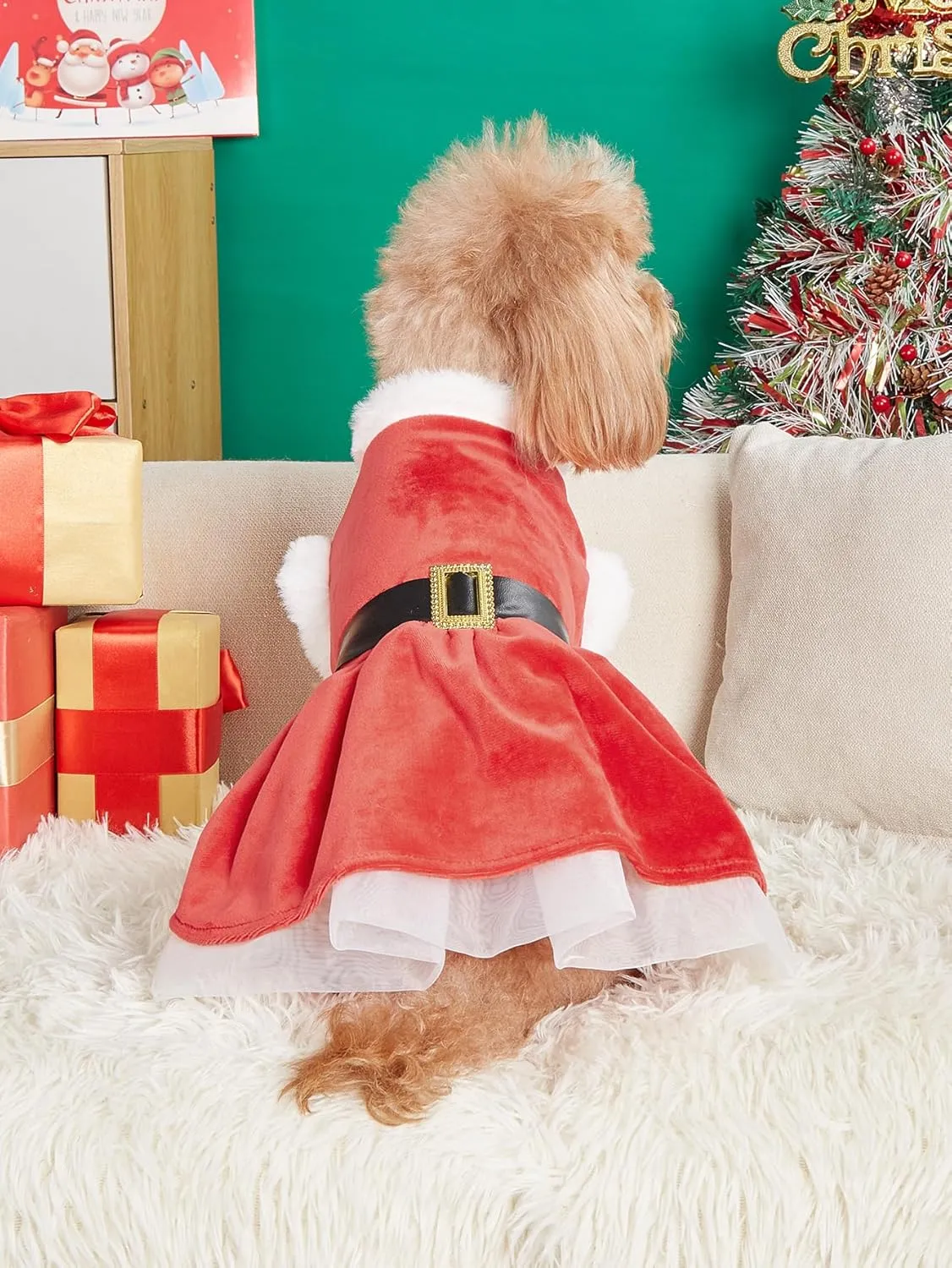 Dog Christmas Dress Santa Costumes: Puppy Girl Dresses Holiday Theme Doggie Xmas Apparel Party Skirts with Belt, Winter Warm Christmas Dog Clothes, Pet Cat Outfit (Red, M)