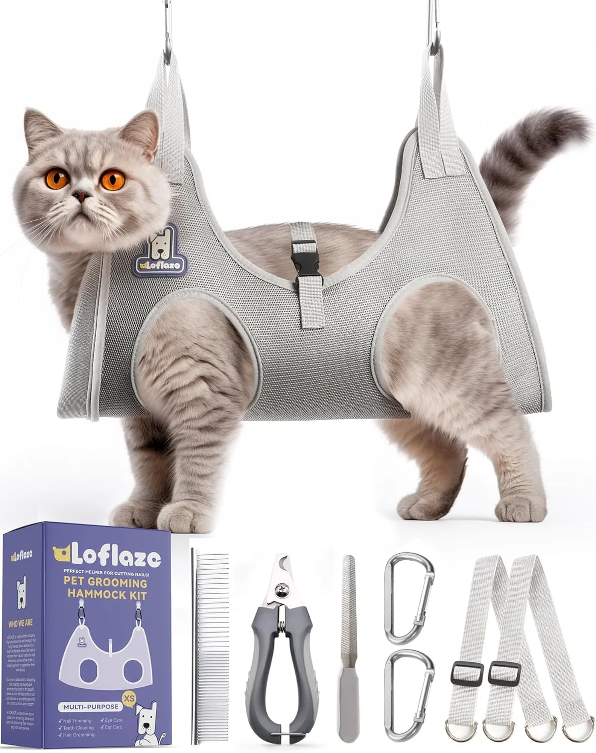 Dog Grooming Hammock Harness for Dogs & Cats with Pet Nail Clipper Trimmer - Cat Hanger Sling for Trimming Clipping Nails- Dog Hammock Restraint Bag for Small Medium Large pet  Grey XS