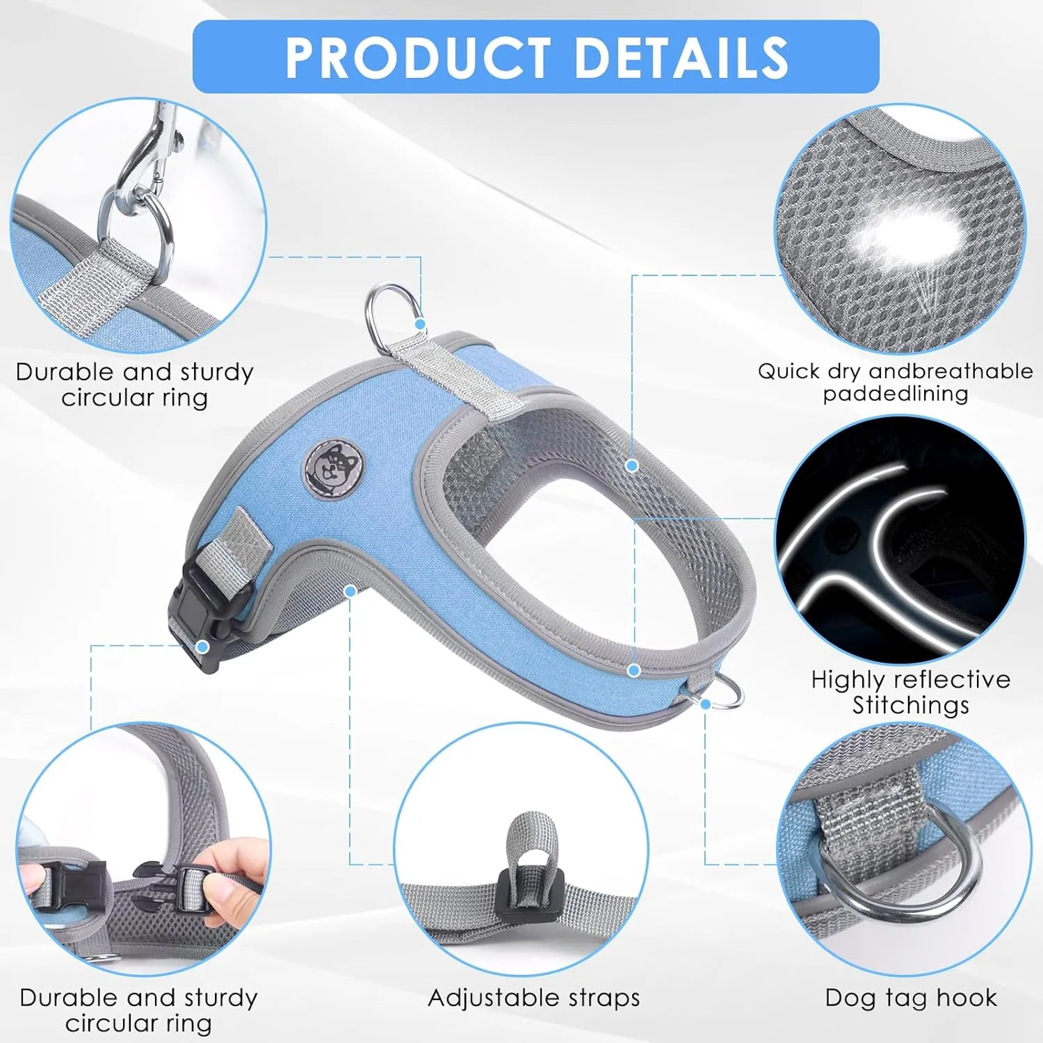 Dog Harness, No Pull Saddle Style pet Harness, Soft Ventilate Mesh, Adjustable, Reflective - for Medium, Small Dogs and Cats - Easy Walk Harness with 2 D-Rings - Blue - XS