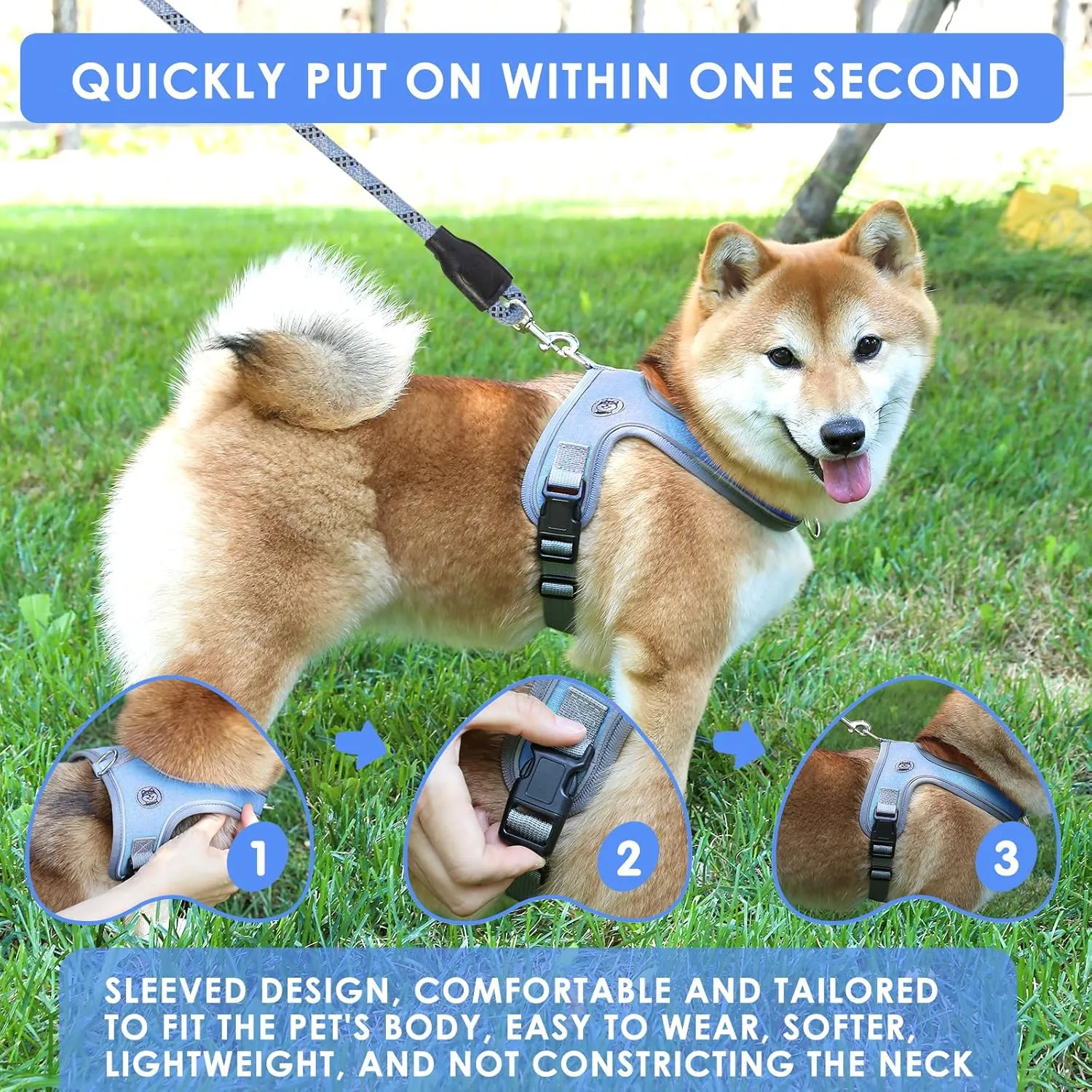 Dog Harness, No Pull Saddle Style pet Harness, Soft Ventilate Mesh, Adjustable, Reflective - for Medium, Small Dogs and Cats - Easy Walk Harness with 2 D-Rings - Blue - XS