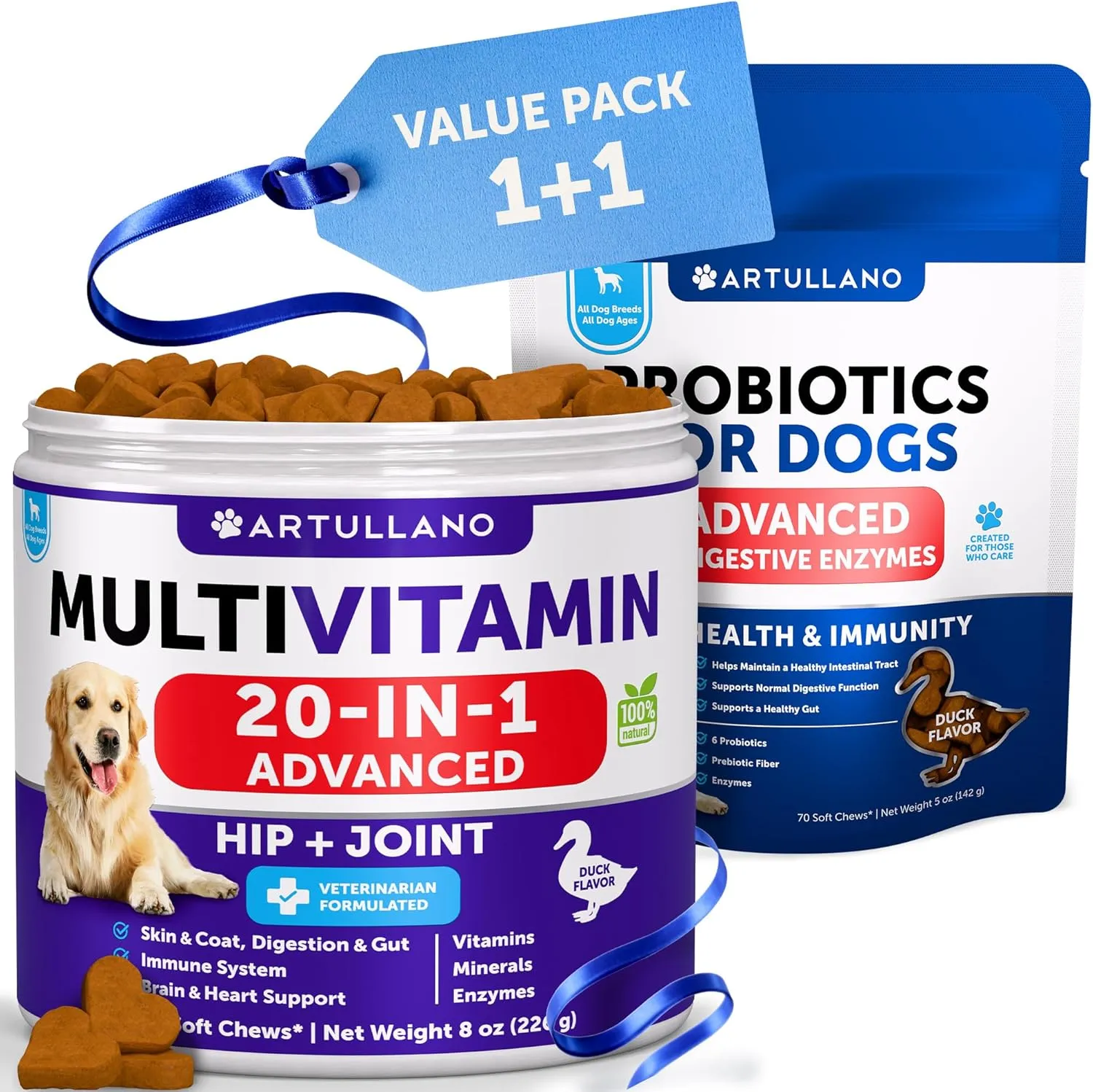 Dog Probiotics   Multivitamin Chews Bundle - Probiotics & Prebiotics for Gut Health, Immunity, Yeast Balance, Reduces Diarrhea - 20-in-1 Chewable Vitamins for Joint Support, Mobility, Skin