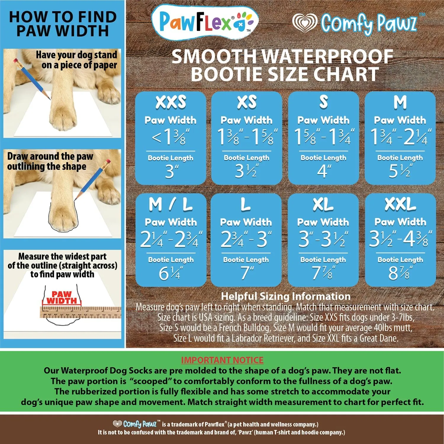 Double Dipped Waterproof Dog Socks Comfy Pawz Soft Indoor/Outdoor Dog Booties with Rubberized Bottom| Non-Slip Silicone Grip at Inner Cuff for No Twisting or Sliding Off| Adjustable Strap