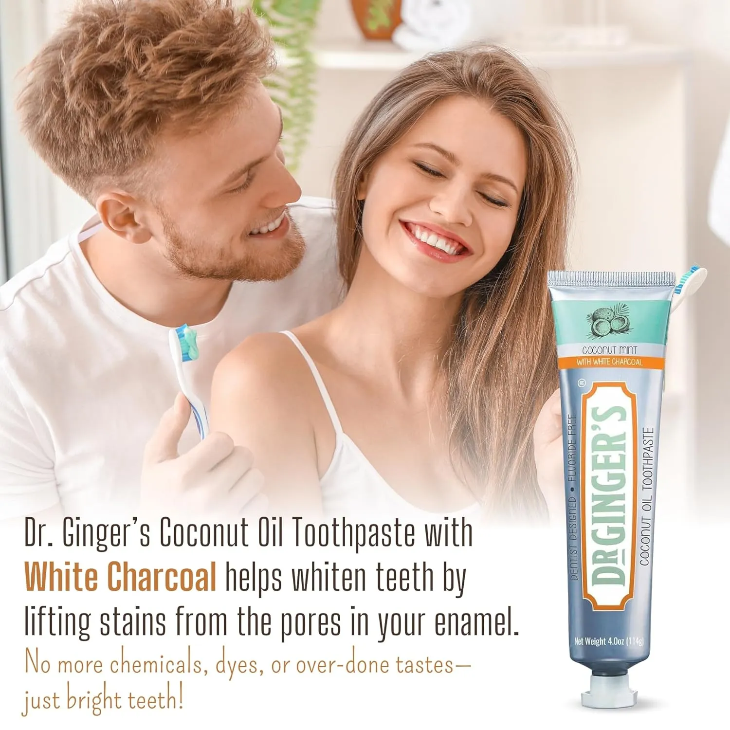 Dr. Ginger's Coconut Oil Charcoal Toothpaste for Sensitive Teeth and Gums - Mint Flavor, 4oz 2pcs - All-Natural White Activated Charcoal Whitening Toothpaste  Freshens Breath and Reduces Plaque