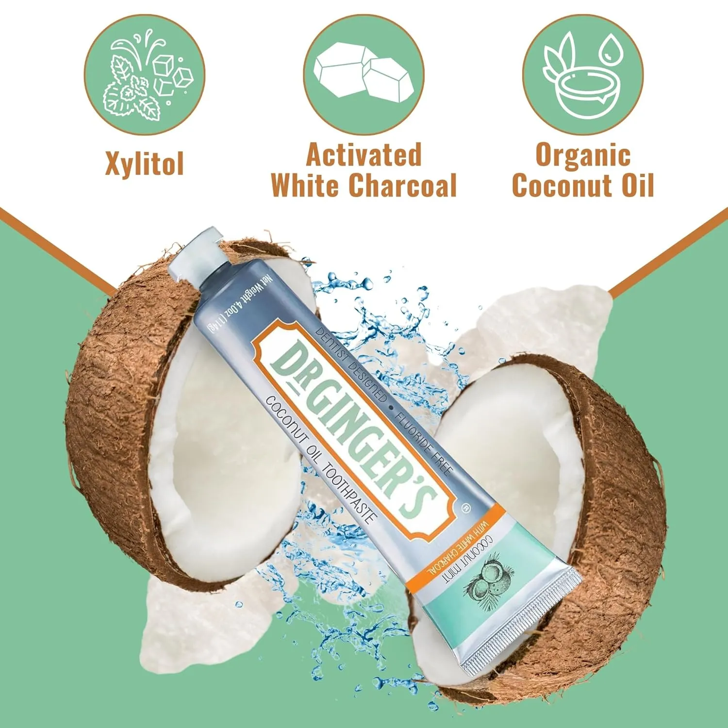 Dr. Ginger's Coconut Oil Charcoal Toothpaste for Sensitive Teeth and Gums - Mint Flavor, 4oz 2pcs - All-Natural White Activated Charcoal Whitening Toothpaste  Freshens Breath and Reduces Plaque