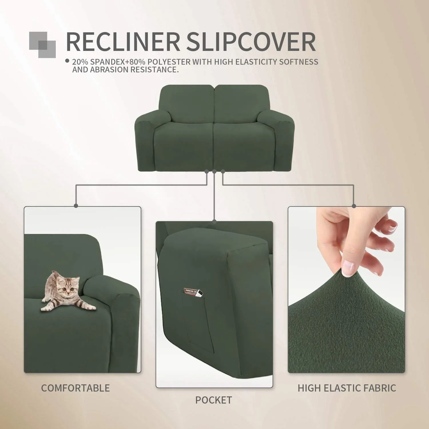 Easy-Going 6 Pieces Microfiber Stretch Sectional Recliner Sofa Slipcover Soft Fitted Fleece 2 Seats Couch Cover Washable Furniture Protector with Elasticity for Kids(Recliner Loveseat, Greyish Green)