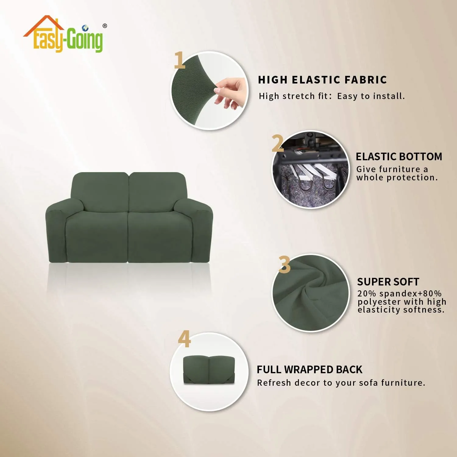 Easy-Going 6 Pieces Microfiber Stretch Sectional Recliner Sofa Slipcover Soft Fitted Fleece 2 Seats Couch Cover Washable Furniture Protector with Elasticity for Kids(Recliner Loveseat, Greyish Green)