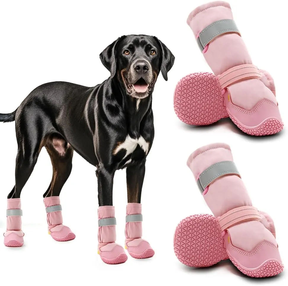 Hcpet Dog Shoes, Dog Boots & Paw Protectors for Winter Snowy Days, Rainy Weather, Outdoor Anti-Slip Sole Dog Booties for Hardwood Floor Pink-Leg 4