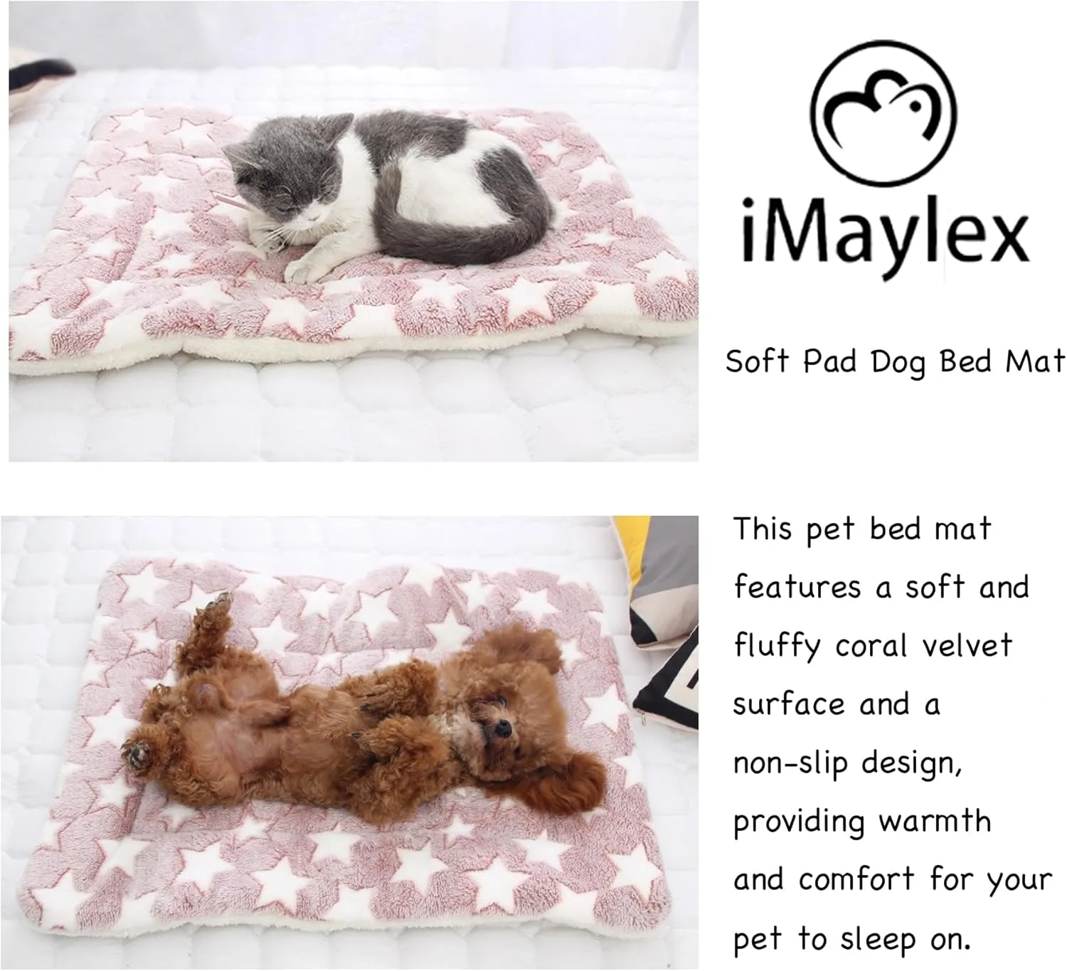 iMaylex Soft Pad Dog Bed Mat, Thicken Warm, Star Pattern, Reversible, Fluffy Pet Dog Sleeping Mattress, Cameo Brown, Large