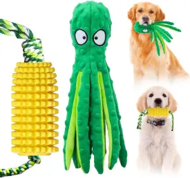 Interactive Dog Toy Bundle - Durable Corn Rubber Chew Toy & Squeaky Octopus Plush Toy, Ideal for Medium & Large Breeds, Teething, and Boredom Relief (2 Pack Corn  Octopus)