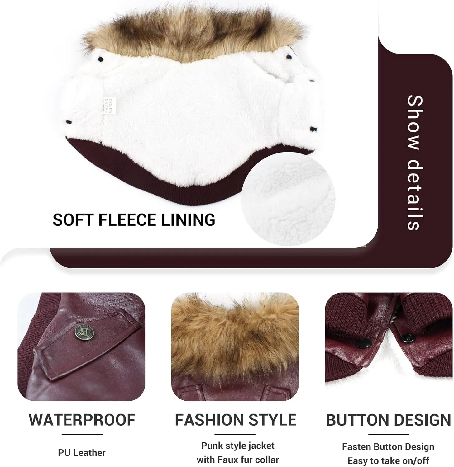 LESYPET Dog Leather Jacket for Small Dogs, Small Dog Jacket Dog Coat Double Layer with Warm Fleece Lined for Small Dogs Puppy Cat, Red XX-Large