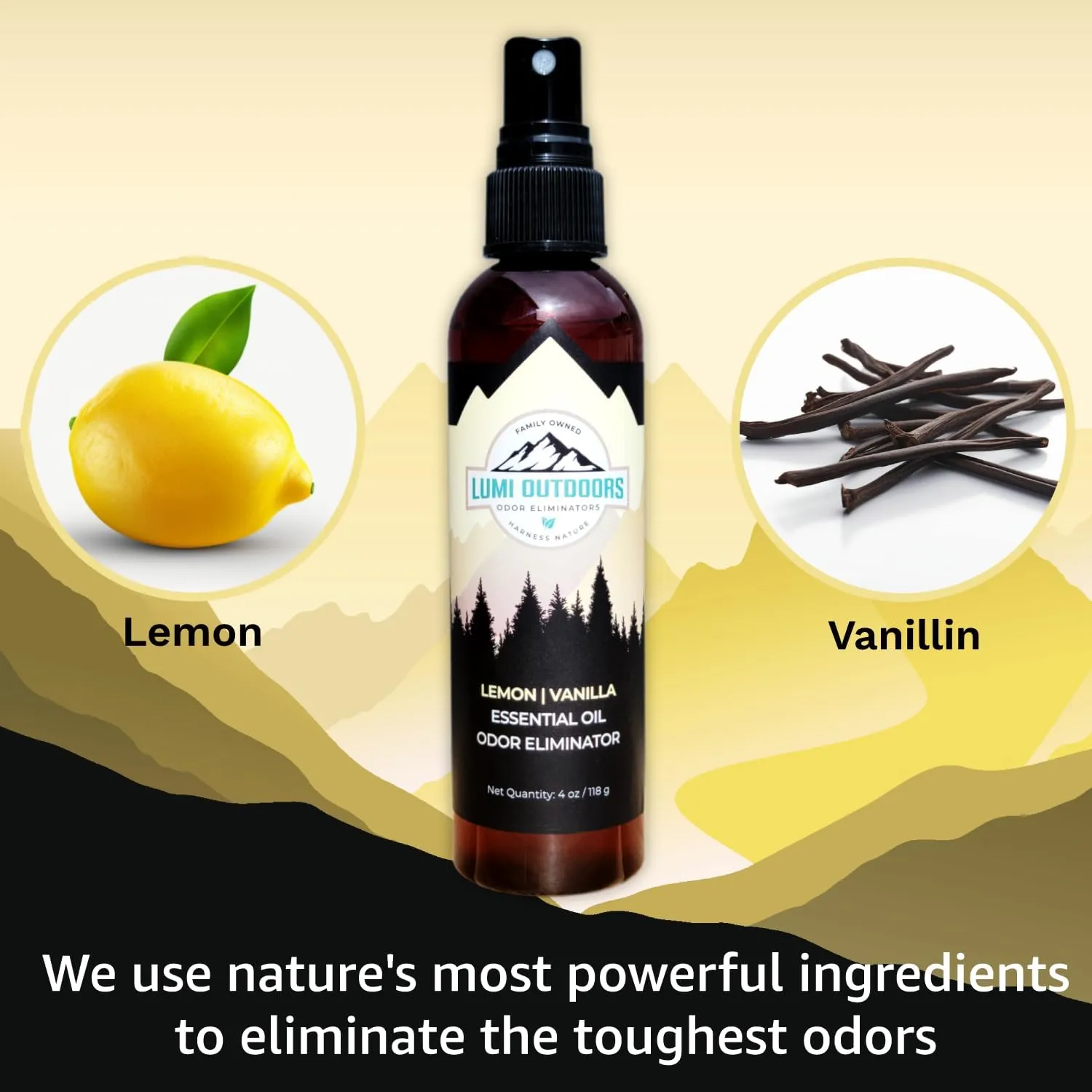 Lumi Outdoors Natural Air Freshener - Lemon Vanilla - Essential Oil Odor Eliminating Room Spray