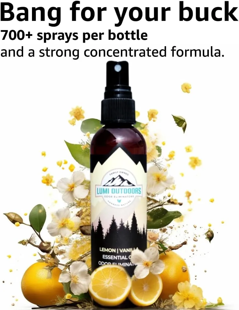 Lumi Outdoors Natural Air Freshener - Lemon Vanilla - Essential Oil Odor Eliminating Room Spray