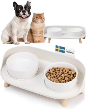 MalsiPree Elevated Ceramic Dog & Cat Bowls Set, Raised Stand for Small Dogs & All Sized Cats, Sand Beige with Splash Guard - Pet Bowls