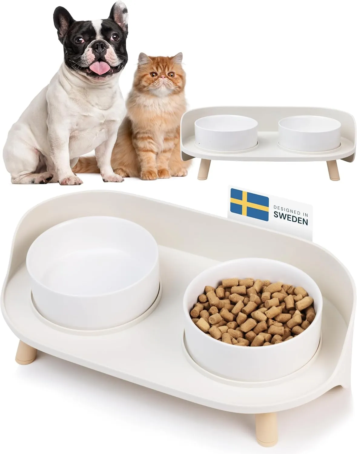 MalsiPree Elevated Ceramic Dog & Cat Bowls Set, Raised Stand for Small Dogs & All Sized Cats, Sand Beige with Splash Guard - Pet Bowls