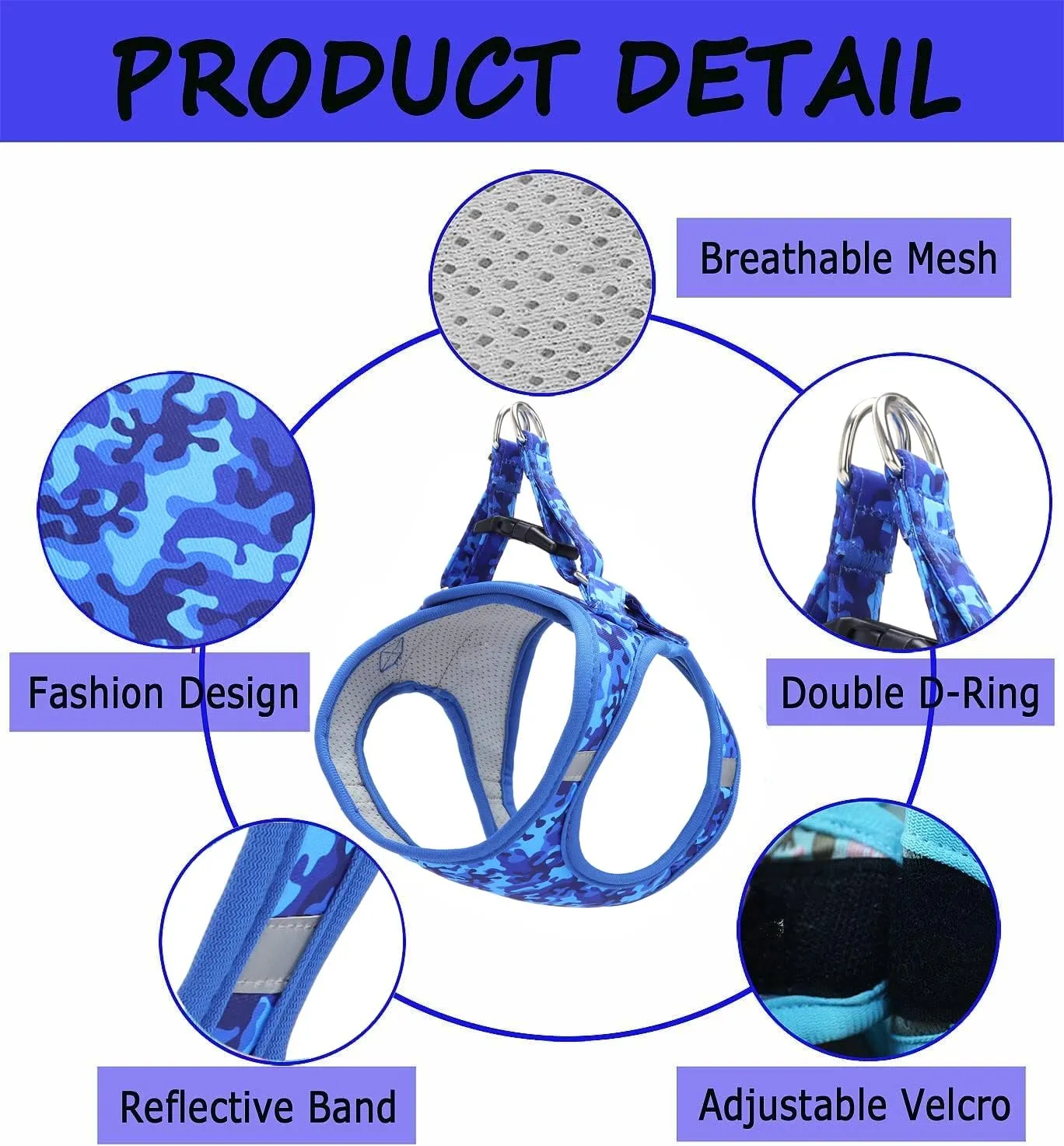 Moonpet Step in Air Boy Dog Harness Leash Set- All Weather Reflective No-Pull Padded Mesh Vest Harness for Cats Puppy Extra-Small Small Medium Large Dogs - Blue Camouflage - S