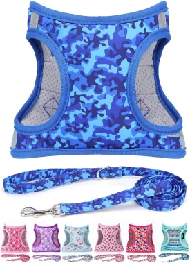Moonpet Step in Air Boy Dog Harness Leash Set- All Weather Reflective No-Pull Padded Mesh Vest Harness for Cats Puppy Extra-Small Small Medium Large Dogs - Blue Camouflage - S
