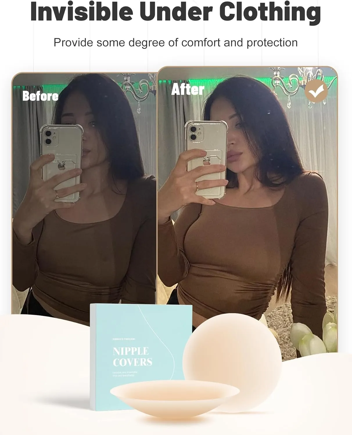 Nipple Covers No Show, 2 Pairs Sticky Adhesive Silicone Nipple Pasties for Women Reusable Pasty Strapless Bra Dress