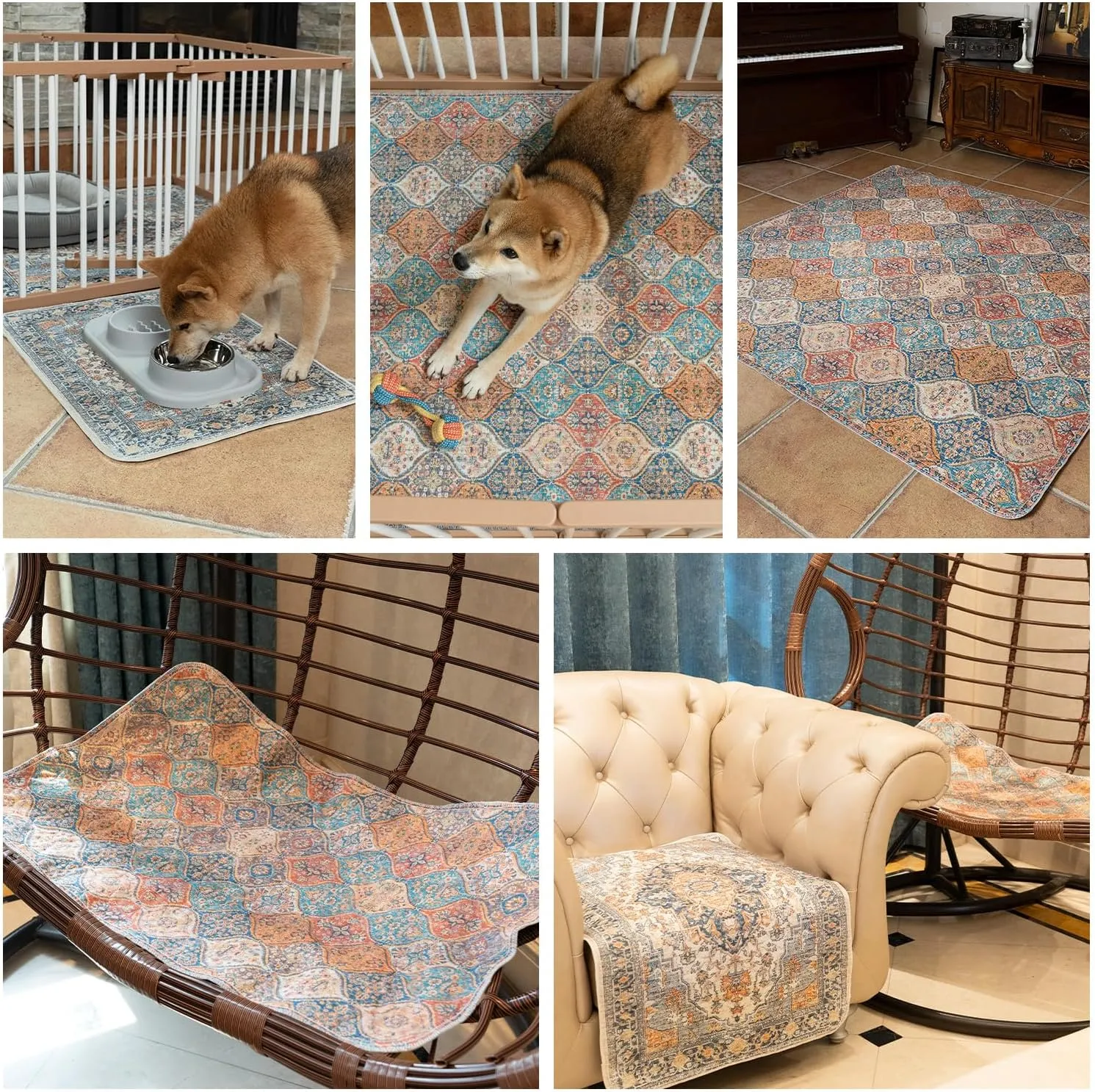 nunubaby Washable Pee Pads for Dogs, Stylish, Non-Slip and Leak-Proof Pee Pads. Reusable Potty Pads for Dogs for Crates and Floors.(Cream/Multi, 72" x72" )