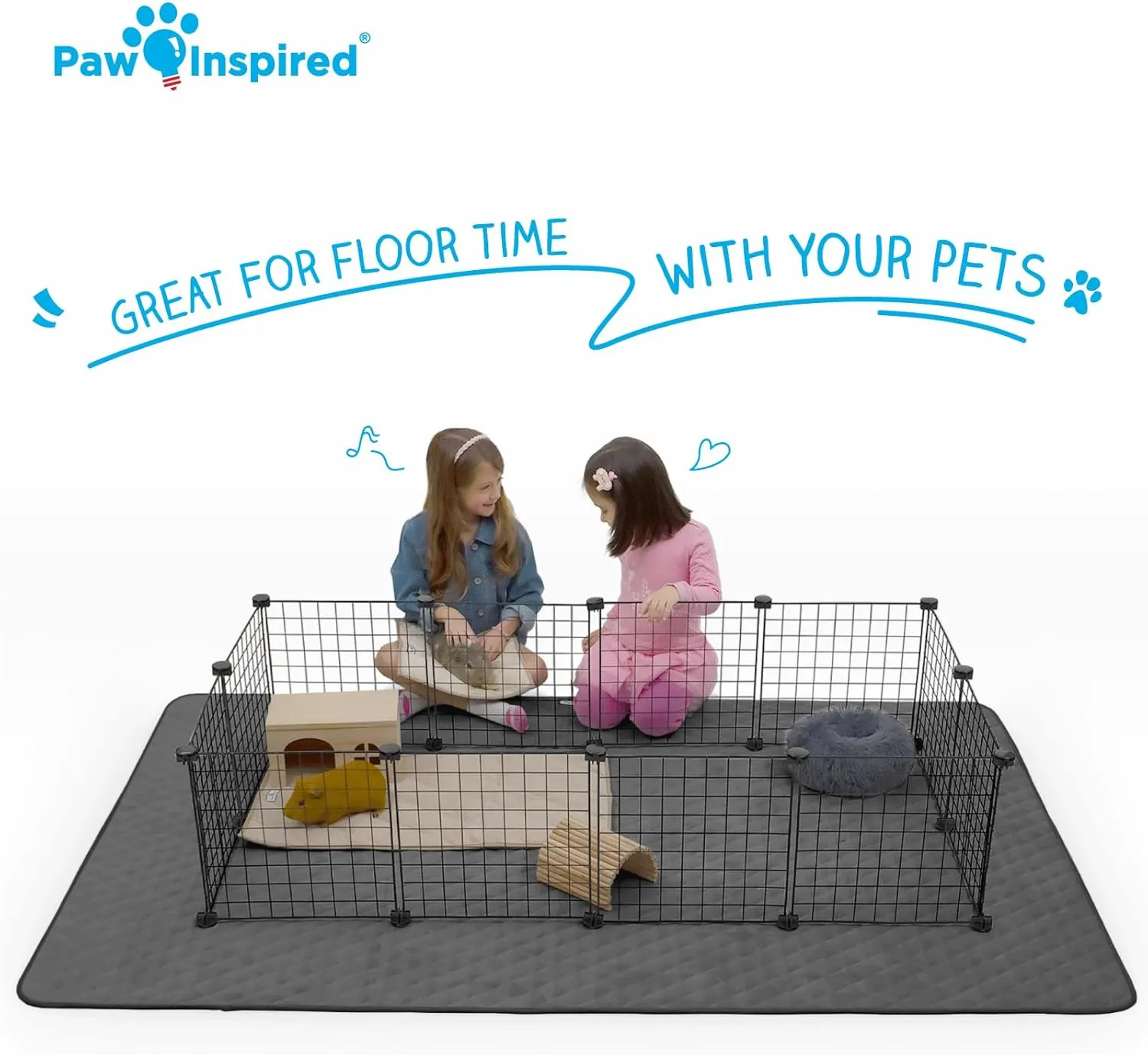 Paw Inspired 80x50 Waterproof Playpen Mat | Super Absorbent Fleece Cage Liner with Non-Slip Bottom | Pet Play Pen Pad for Dogs, Rabbits, Guinea Pigs, Hamsters, Small Animals (Dark Gray)