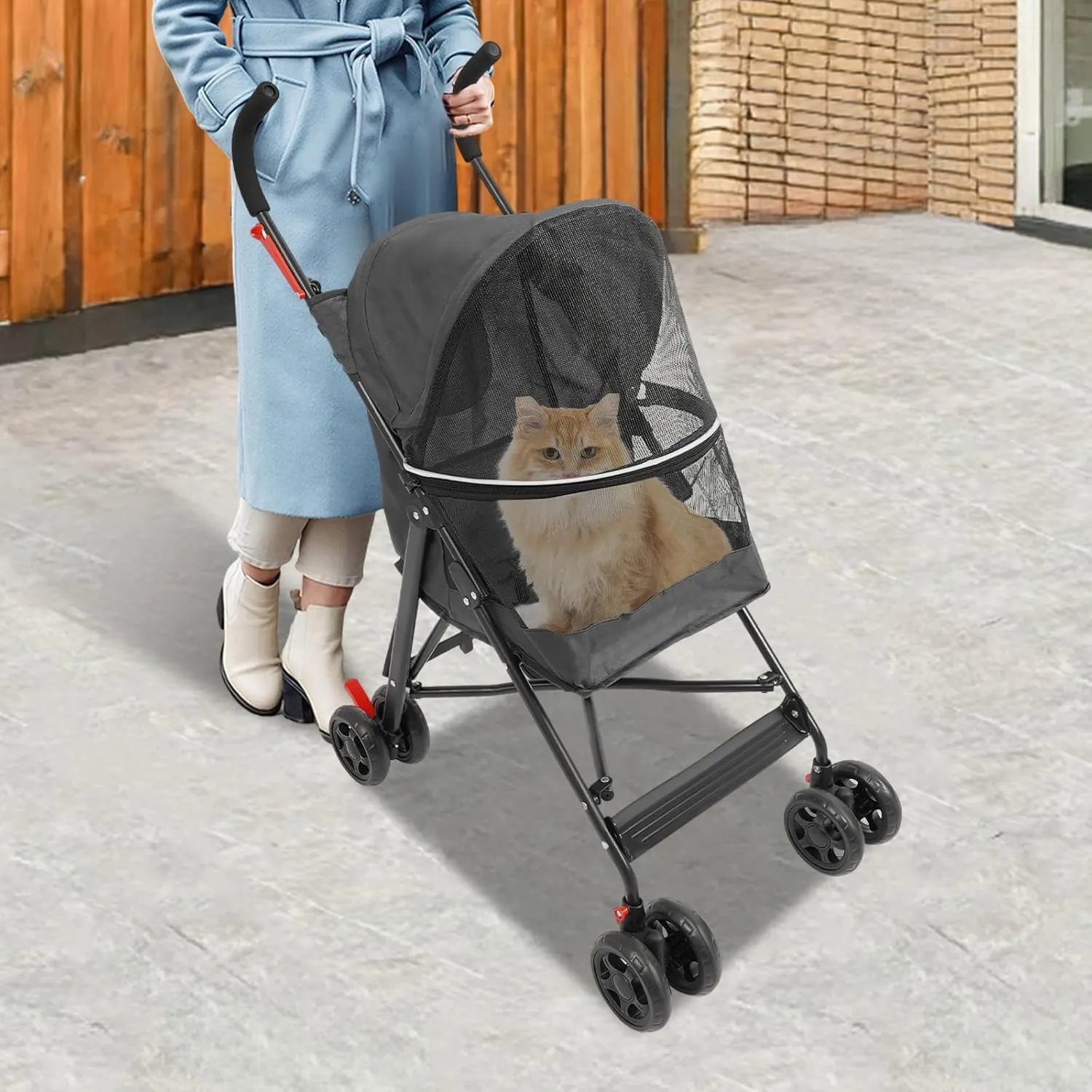Pet Travel Stroller, Compact, Easy Fold, No Assembly Required Pet Stroller, for Carrying Small and Medium-Sized Dogs or Cats Under 22 lbs (Black)