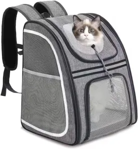 Portable Pet Carrier Backpack for Cats, Dogs and Small Animals Up to 20lbs l Ventilated Mesh Design That's Foldable and Airline-Approved l Ideal for Travel, Hiking, Camping, Vet (Grey)