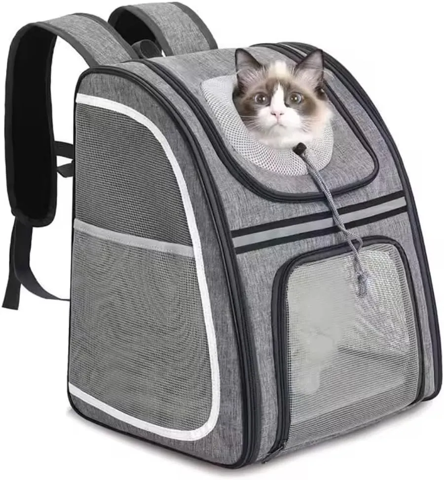Portable Pet Carrier Backpack for Cats, Dogs and Small Animals Up to 20lbs l Ventilated Mesh Design That's Foldable and Airline-Approved l Ideal for Travel, Hiking, Camping, Vet (Grey)