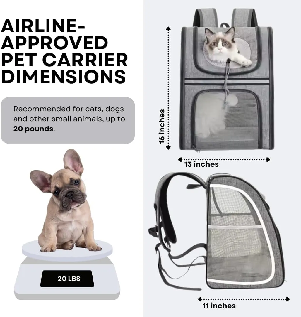 Portable Pet Carrier Backpack for Cats, Dogs and Small Animals Up to 20lbs l Ventilated Mesh Design That's Foldable and Airline-Approved l Ideal for Travel, Hiking, Camping, Vet (Grey)