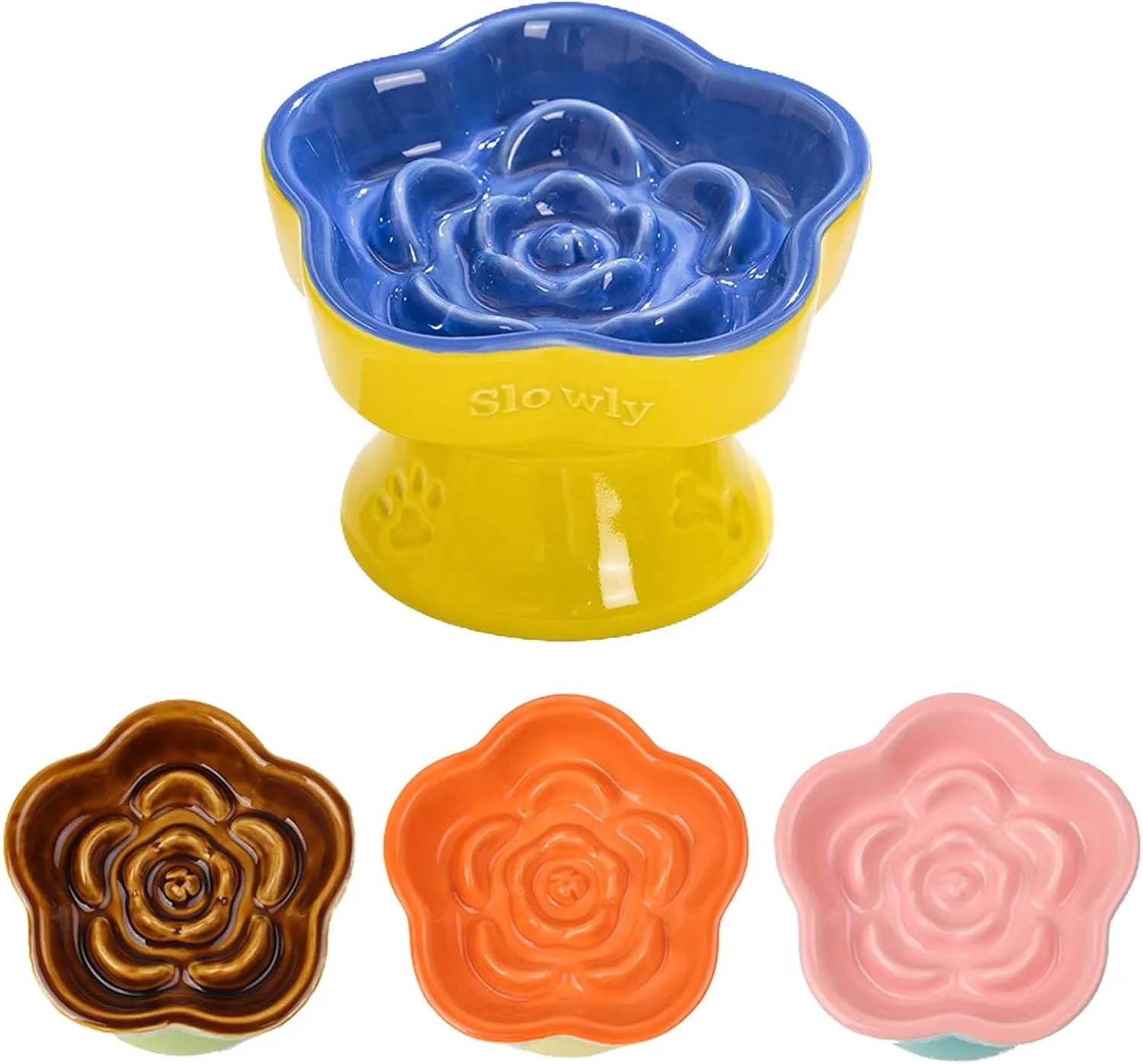 Raised Cat Slow Feeder Bowl, Ceramic Raised Pet Dishes, No Black Chin, Flower Shaped, for Dry and Wet Food, Non-Slip, Dishwasher Microwave Safe (Blue)