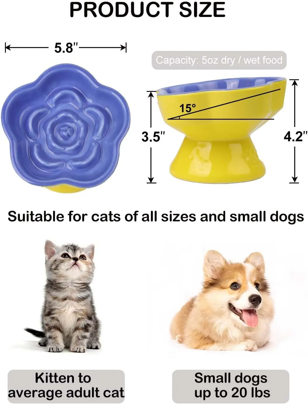Raised Cat Slow Feeder Bowl, Ceramic Raised Pet Dishes, No Black Chin, Flower Shaped, for Dry and Wet Food, Non-Slip, Dishwasher Microwave Safe (Blue)