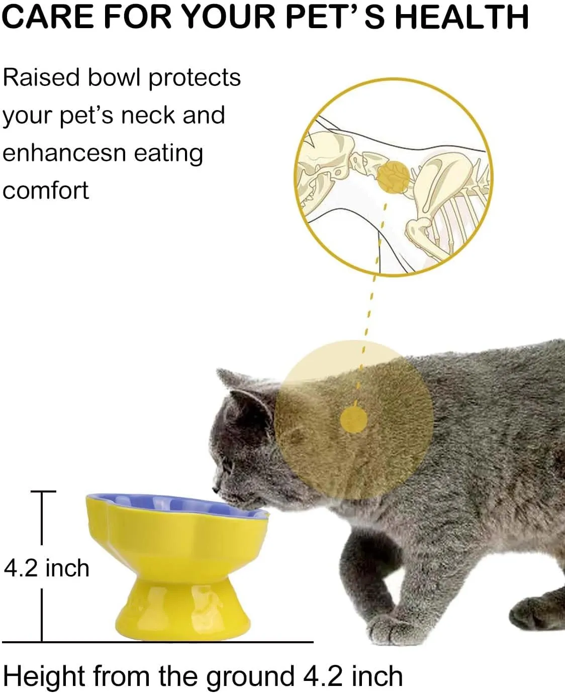 Raised Cat Slow Feeder Bowl, Ceramic Raised Pet Dishes, No Black Chin, Flower Shaped, for Dry and Wet Food, Non-Slip, Dishwasher Microwave Safe (Blue)