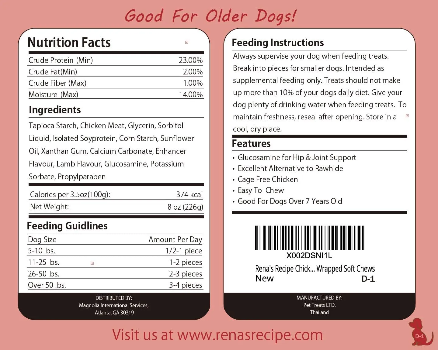 Rena's Recipe Chicken Twisty Sticks (8 oz) Rawhide Free Chicken Wrapped Soft Chews with Glucosamine for Joint Health