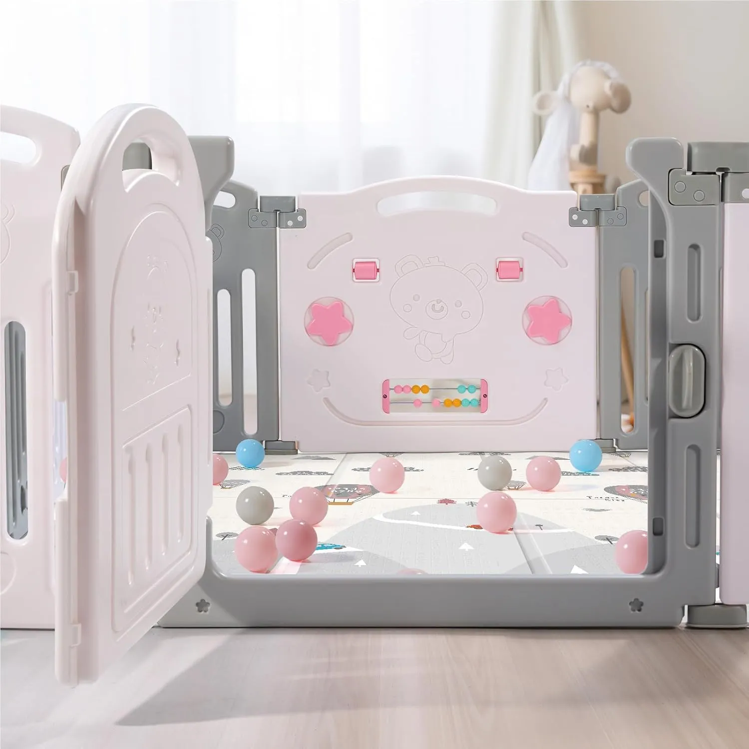 Uanlauo Foldable Playpen for Babies and Toddlers, Baby Playpen 10 Panel Baby Fence with Secure Gate, Versatile Indoor & Outdoor Safety Play Pen, Play Yards for Babies and Toddlers(Grey & White)