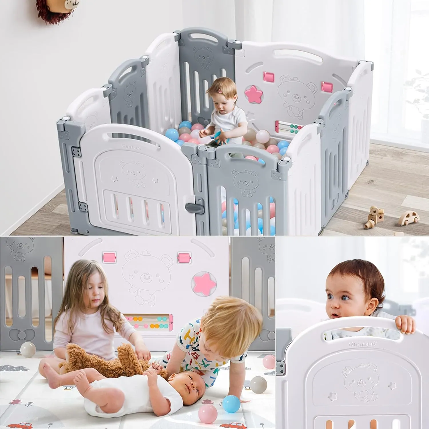 Uanlauo Foldable Playpen for Babies and Toddlers, Baby Playpen 10 Panel Baby Fence with Secure Gate, Versatile Indoor & Outdoor Safety Play Pen, Play Yards for Babies and Toddlers(Grey & White)