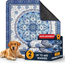 Washable Pee Pads for Dogs 2 Pack,35"x35" Waterproof Non-Slip Reusable Puppy Pad with Fast Absorbent,Leakproof Whelping Pads for Pet Housebreaking (Indigo Blue Medallion, 35"x35"(Pack of 2))