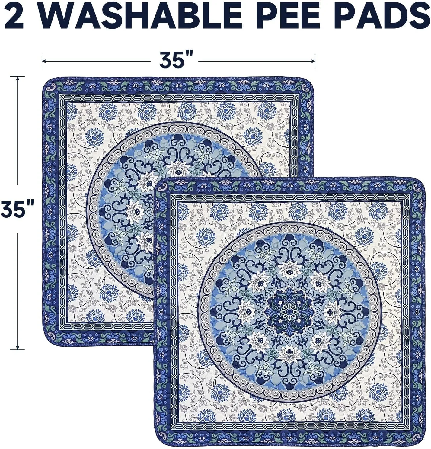 Washable Pee Pads for Dogs 2 Pack,35"x35" Waterproof Non-Slip Reusable Puppy Pad with Fast Absorbent,Leakproof Whelping Pads for Pet Housebreaking (Indigo Blue Medallion, 35"x35"(Pack of 2))