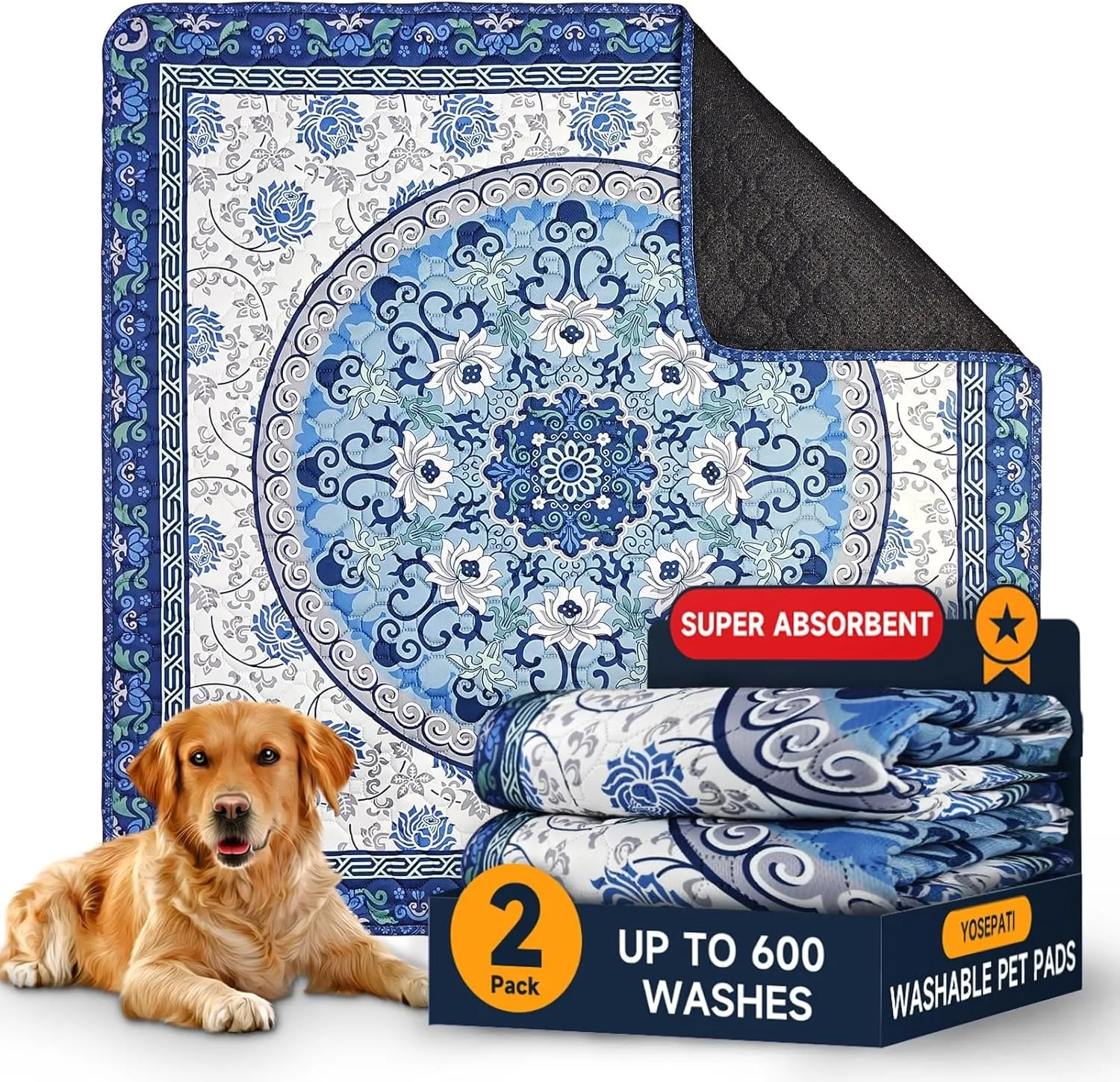 Washable Pee Pads for Dogs 2 Pack,35"x35" Waterproof Non-Slip Reusable Puppy Pad with Fast Absorbent,Leakproof Whelping Pads for Pet Housebreaking (Indigo Blue Medallion, 35"x35"(Pack of 2))